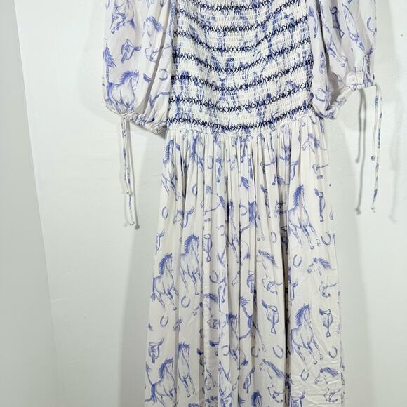 JessKae The Fox Group Quincy Horse Equestrian Midi Smocked Dress Blue Small - Picture 6 of 15